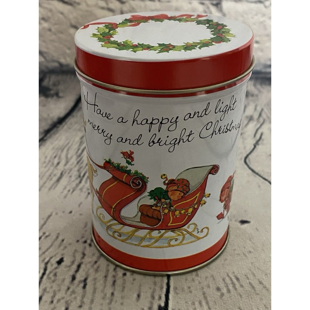 Vtg Swiss Colony Small Canister Tin Have a Happy Light Merry Bright Christmas